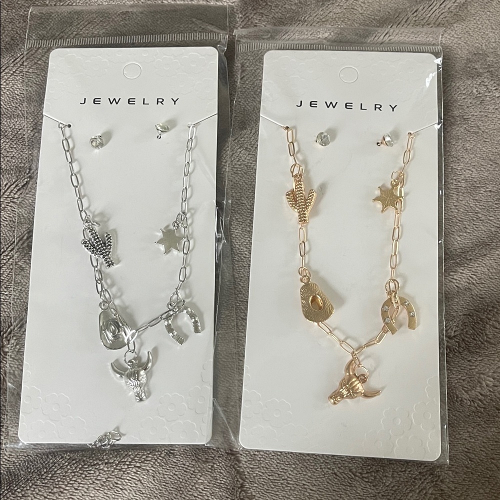 Gold or Silver western Charm Necklace and Earring cowboy Set nwt